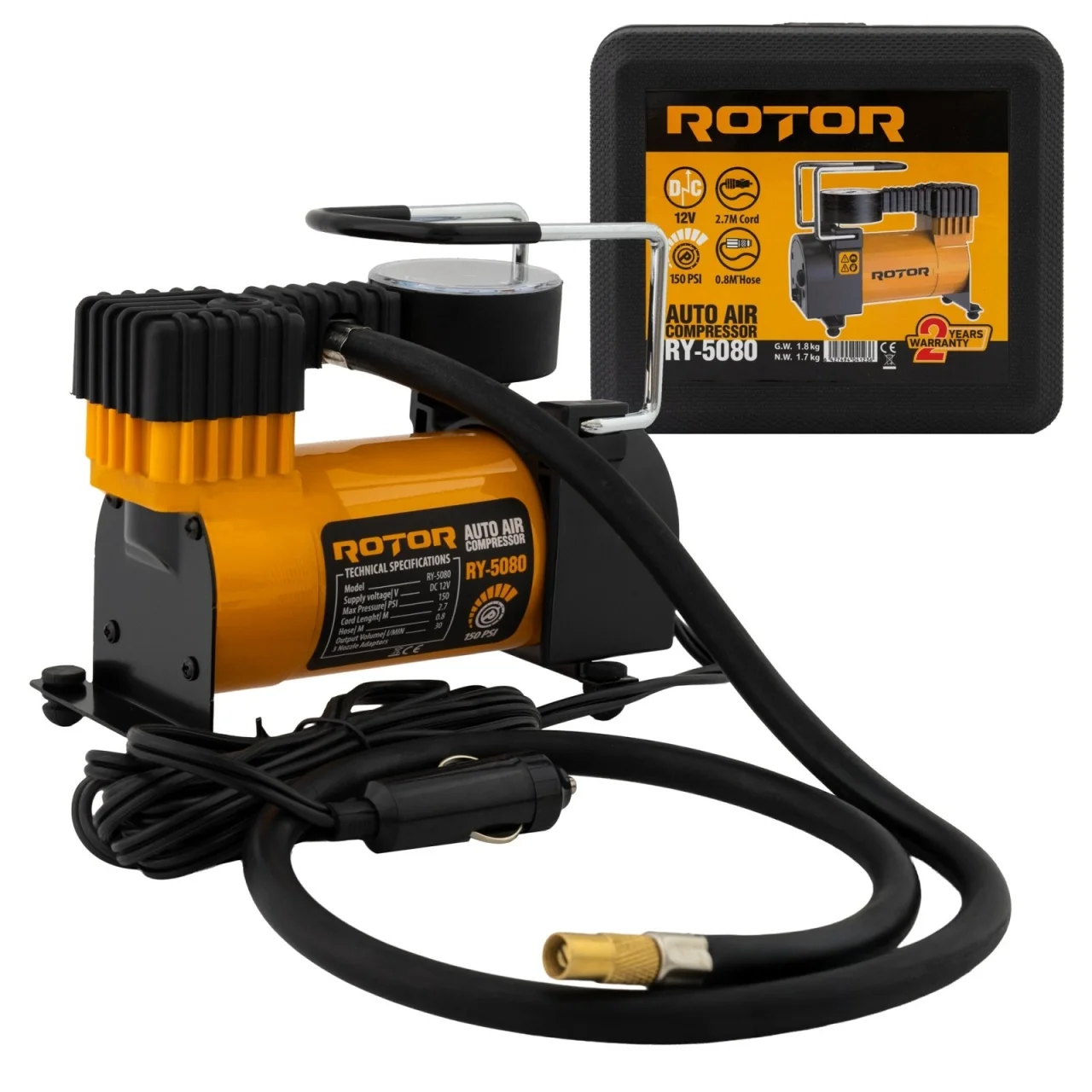Compresor auto cu manometru, 10bar, 150psi, 30l/min, 12V, ROTOR RY-5080