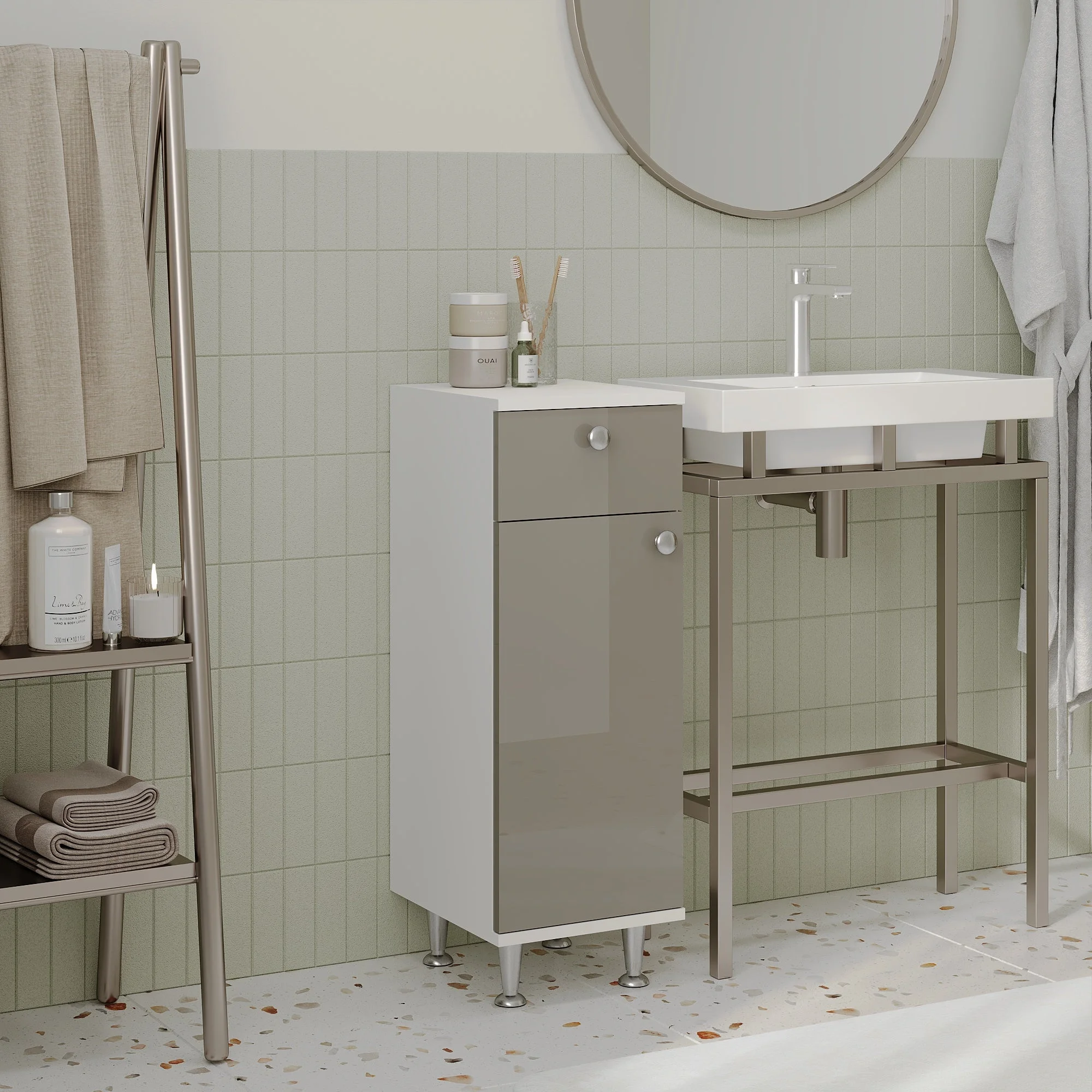 Corp Baie Zaria, 1 Sertar, 1 Usa, Gri Lucios/Alb, MDF, L 30 x l 35 x H 85 cm