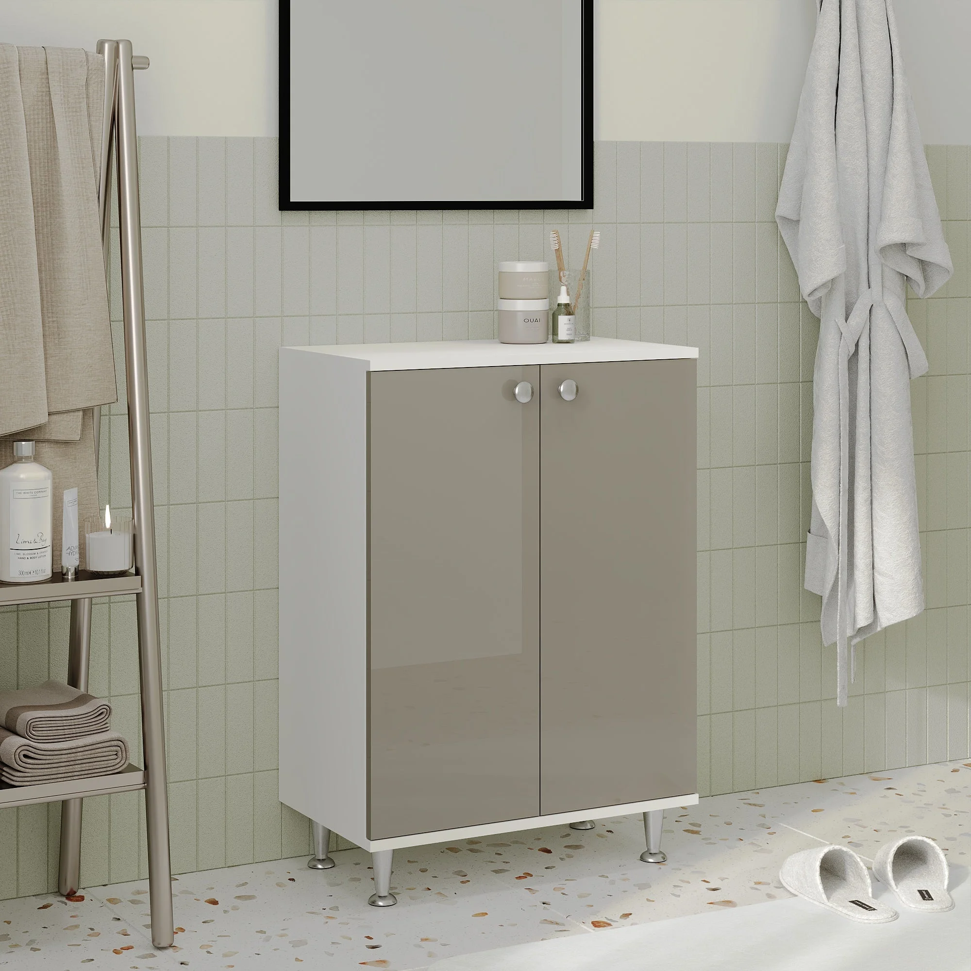 Corp Baie Zaria, 2 Usi, Gri Lucios/Alb, MDF, L 60 x l 35 x H 85 cm