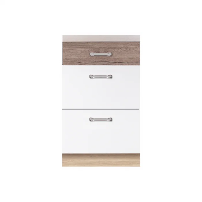 Corp inferior 50 ECO-9D, 3 sertare, corp stejar sonoma, fronturi alb lucios + stejar sanremo, 50x51x82 cm