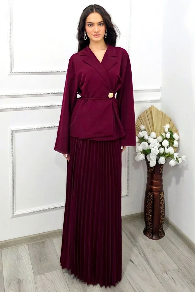 Costum business LUNIS, cu fusta lunga si sacou petrecut, Burgundy, Marime S/M/L