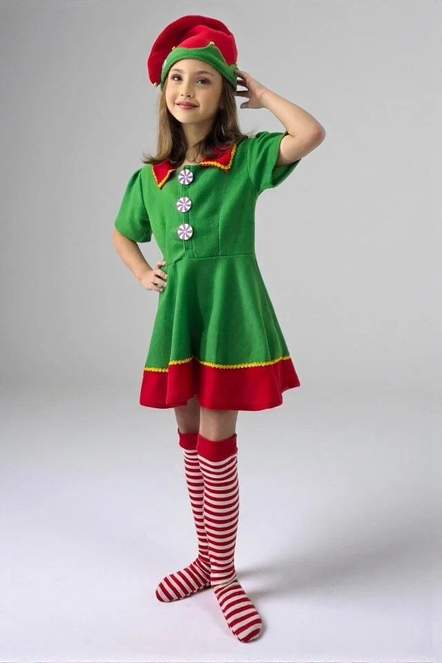 Costum Crăciun fetiță Elf Candy – set 3 piese: rochiță, ciorapi, căciulă