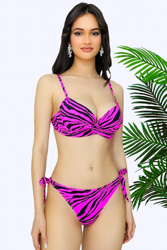 Costum de baie 3 piese Nataly, cu doua tipuri slip si sutien push up, Mov