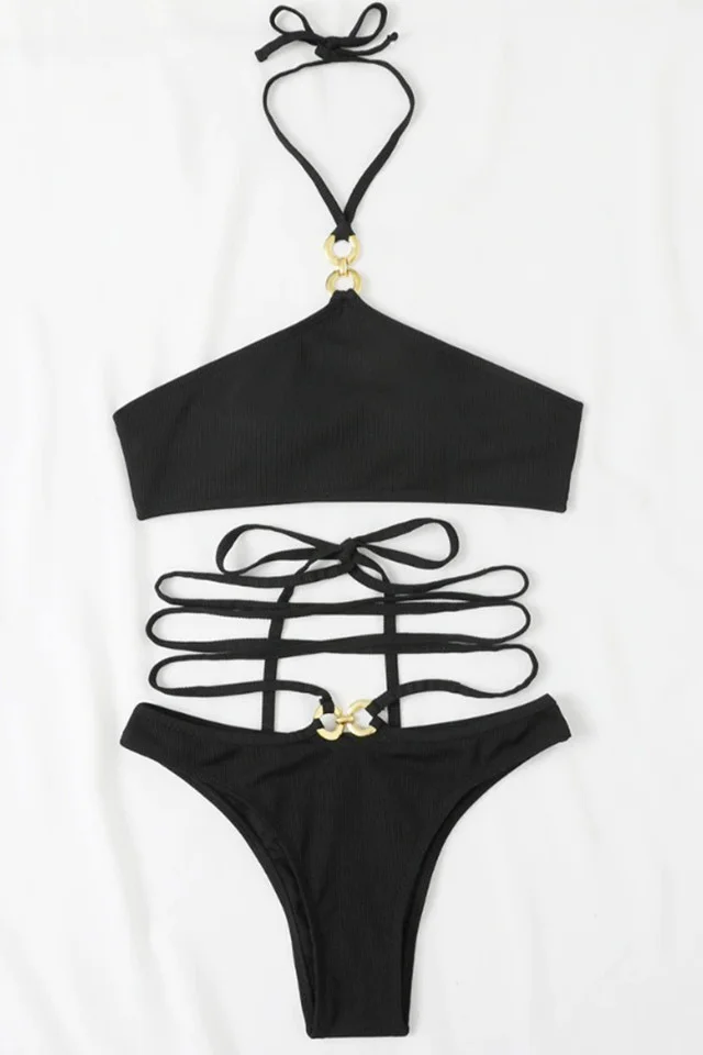 Costum de baie Bora Bora, doua piese, cu accesorii metalice si snur pe talie, negru