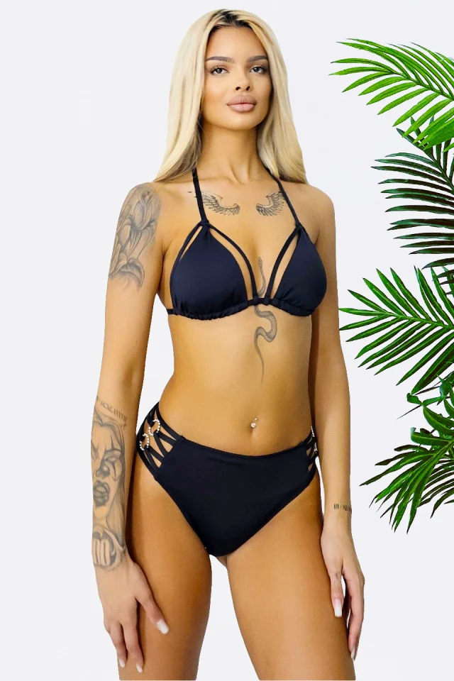 Costum de baie doua piese Hermosa, cu slip modelator semidecupat si sutien cu snururi, Negru