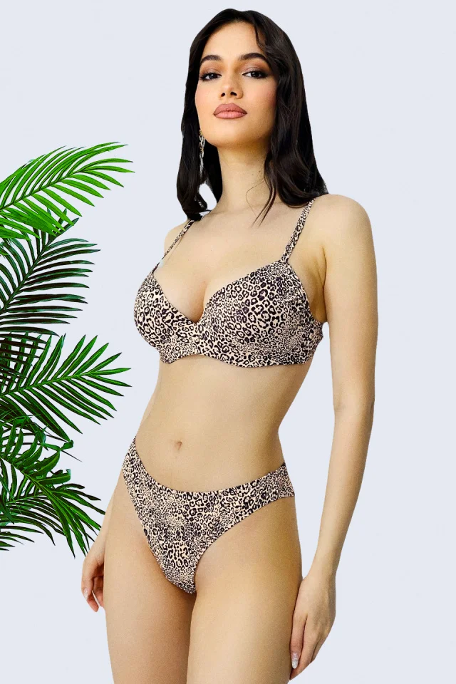 Costum de baie doua piese Jamaica, imprimeu animal print leopard si sutien ajustabil, Bej