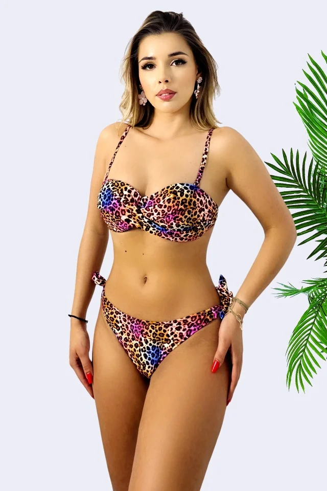 Costum de baie doua piese ZANZA, cu slip reglabil si sutien push up, MOV Leopard