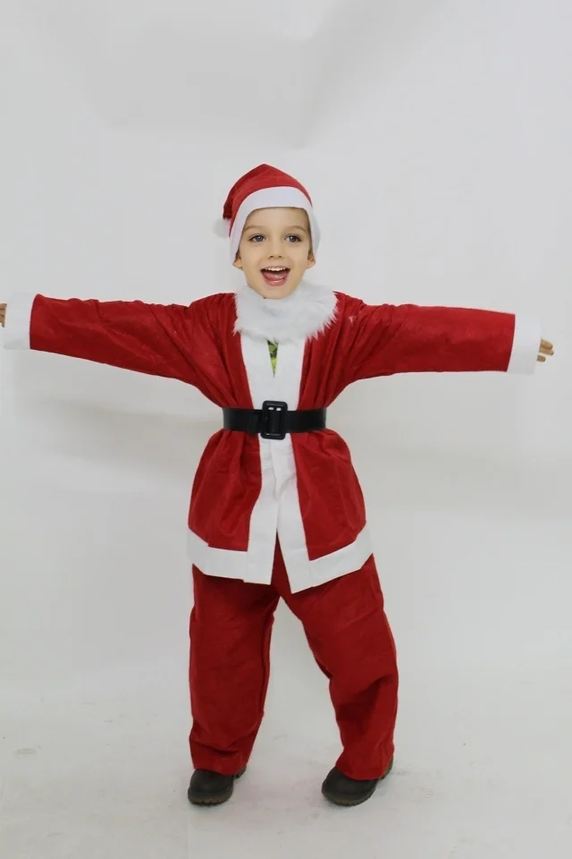Costum de Mos Craciun pentru copii, cu caciula si curea, Rosu