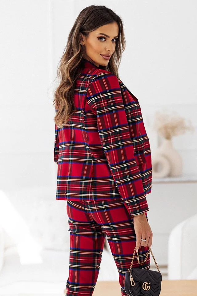 Costum elegant Nina, cu sacou, pantaloni tip pana si imprimeu in carouri, Rosu, Marime S/M