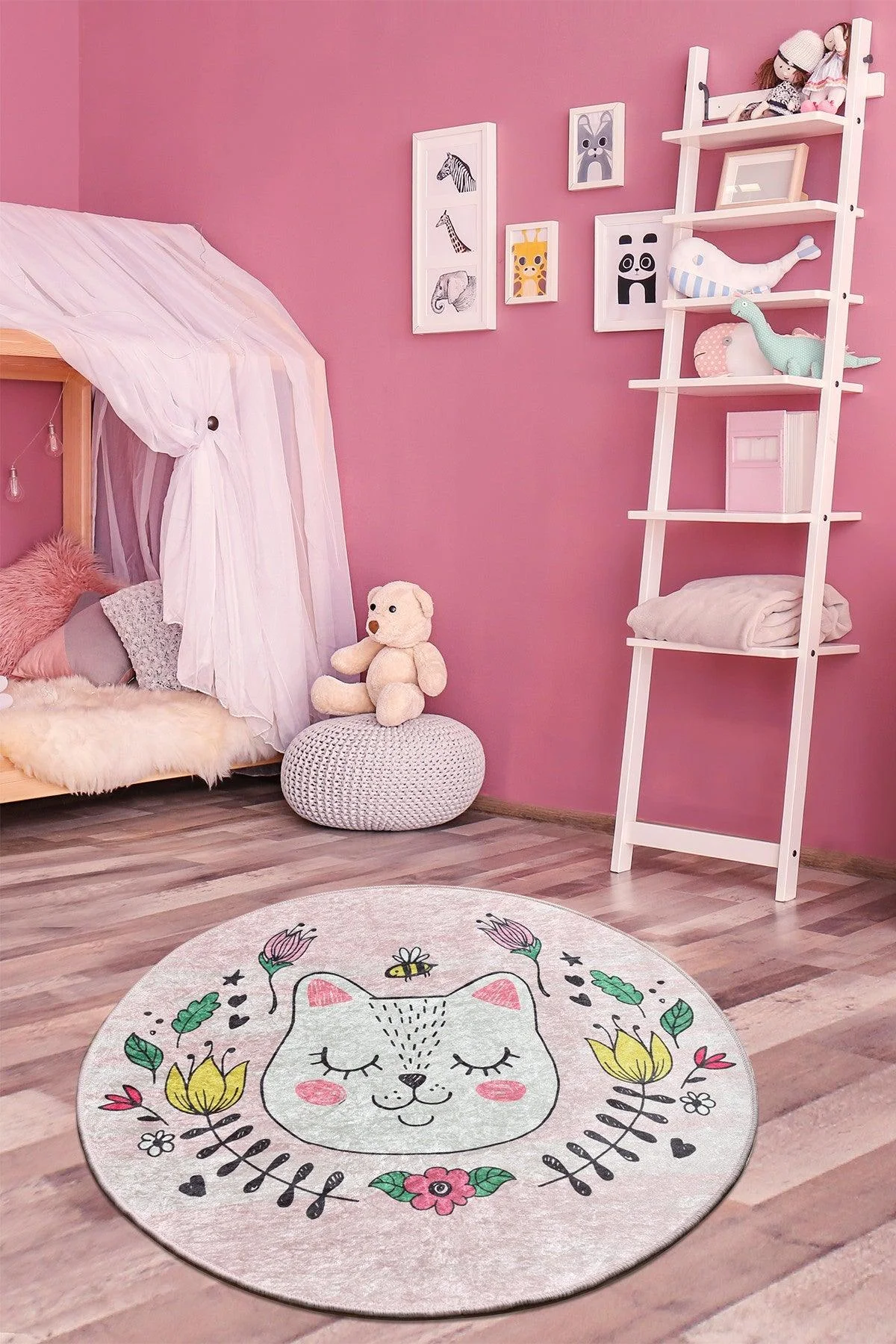 Covor de Copii Rotund Pisica Sophie, Multicolor, 200x200 cm