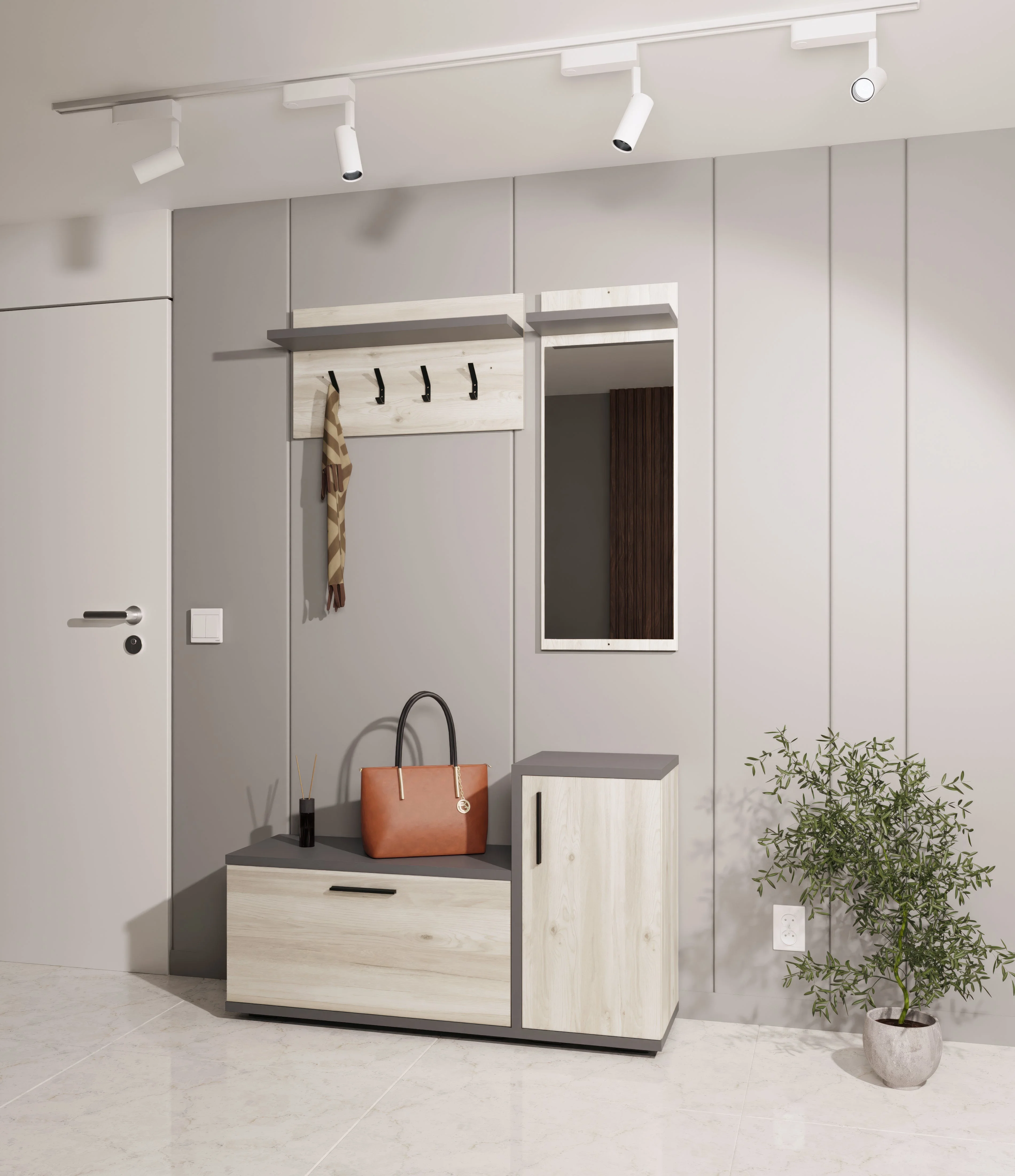 Cuier Cairo, Stejar Alb/Antracit, 113 x 35 x 198 cm