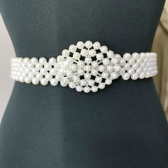 Curea elastica din perle Pearly B, cu catarama metalica decorativa, Ovalyn Alb