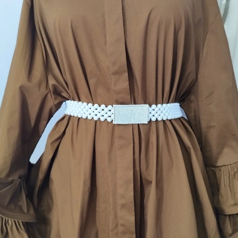 Curea elastica din perle Pearly B, cu catarama metalica decorativa, Silver Frame