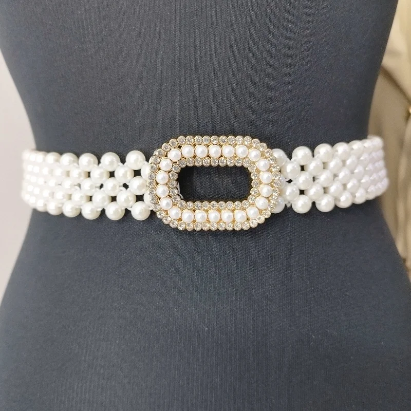 Curea elastica perle Pearly B, cu catarama metalica ovala si cristale, Gold Smile