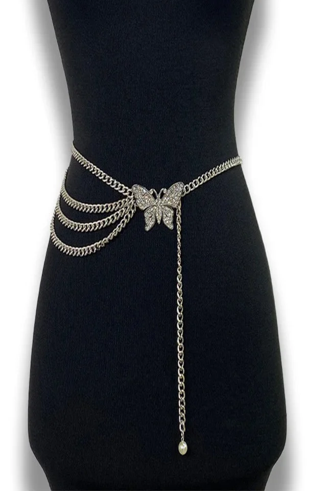 Curea metalica cu lanturi si inchidere tip veriga, Butterfly, Argintiu