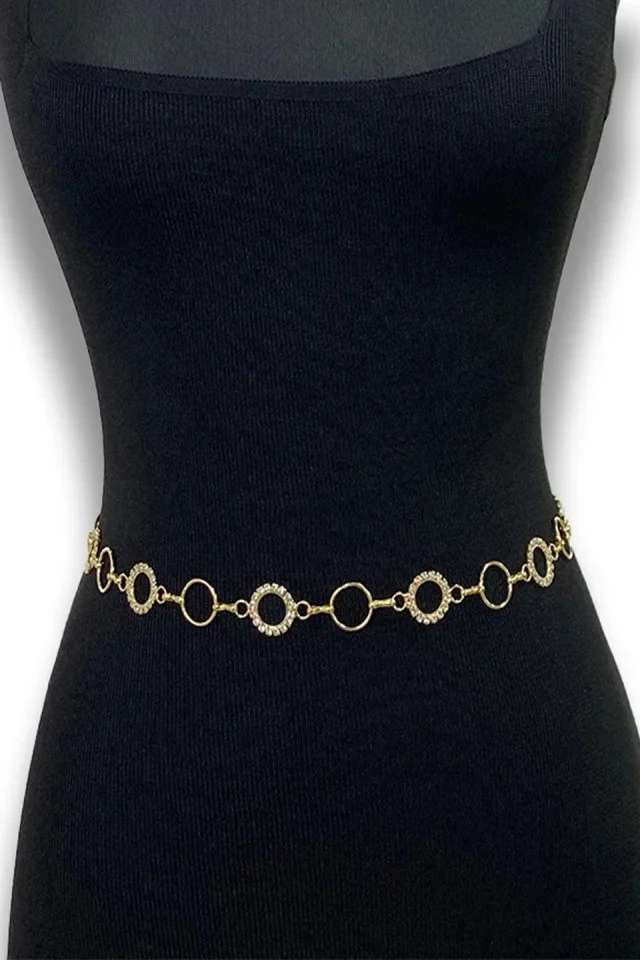 Curea metalica decorativa, cu lant reglabil si pietre, Hyme, Auriu