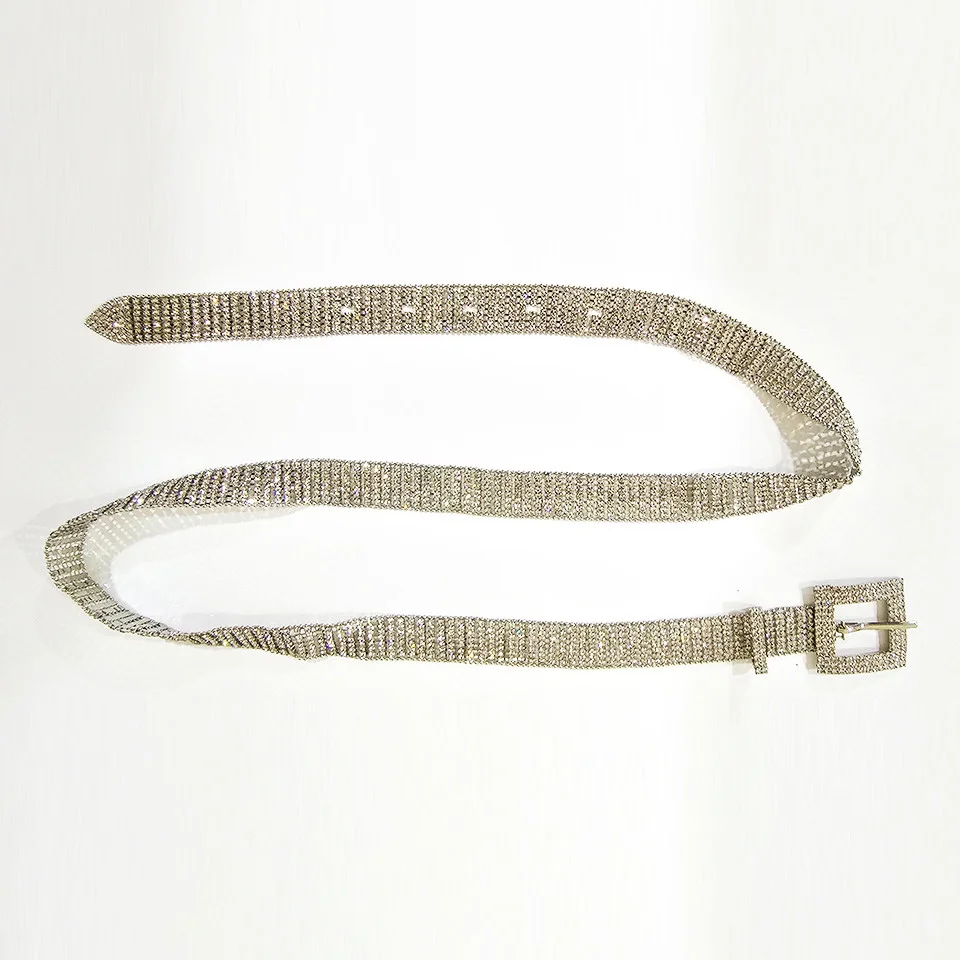 Curea metalica Madeira, cu strasuri din cristale artizanale, catarama dreptunghiulara, medie, Argintiu