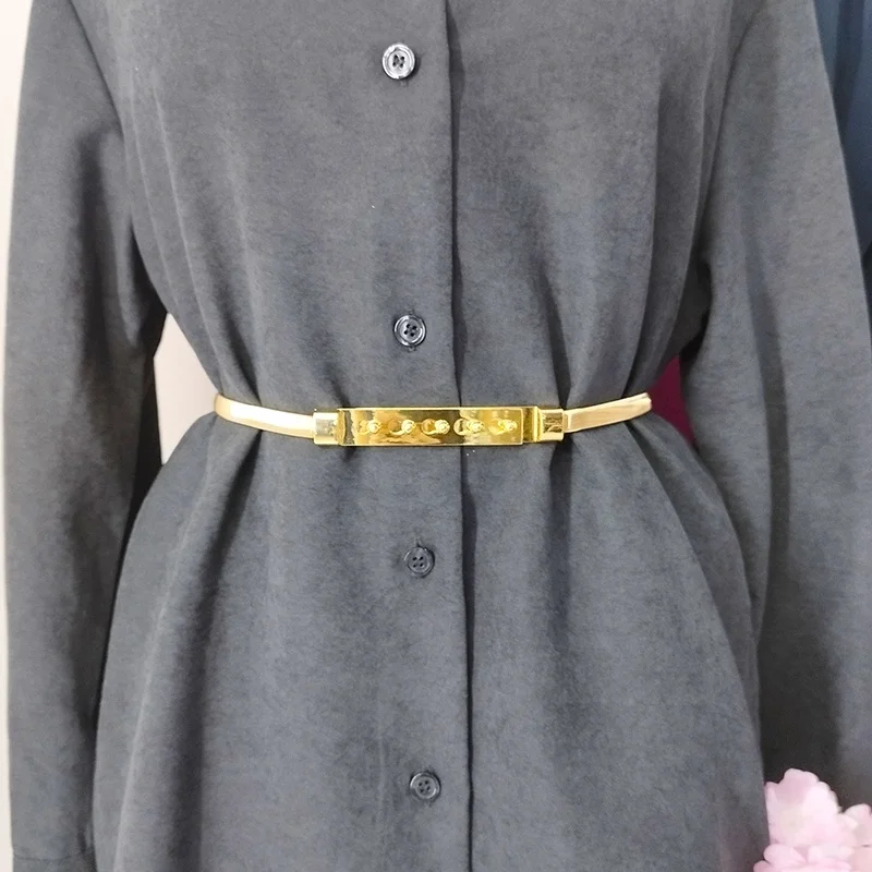 Curea subtire, elastica si catarama stilizata, MireLL, Gold Button