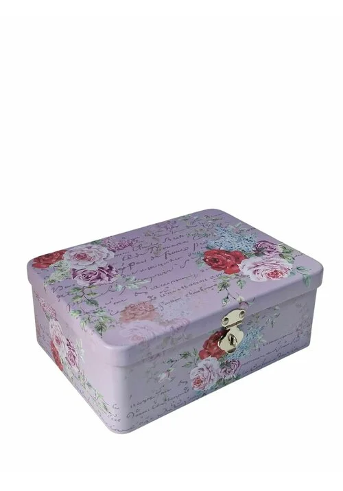 Cutie Decorativa Metalica cu lacat, Patrata, Model Flowers, 21x15.4x7.8cm, mov