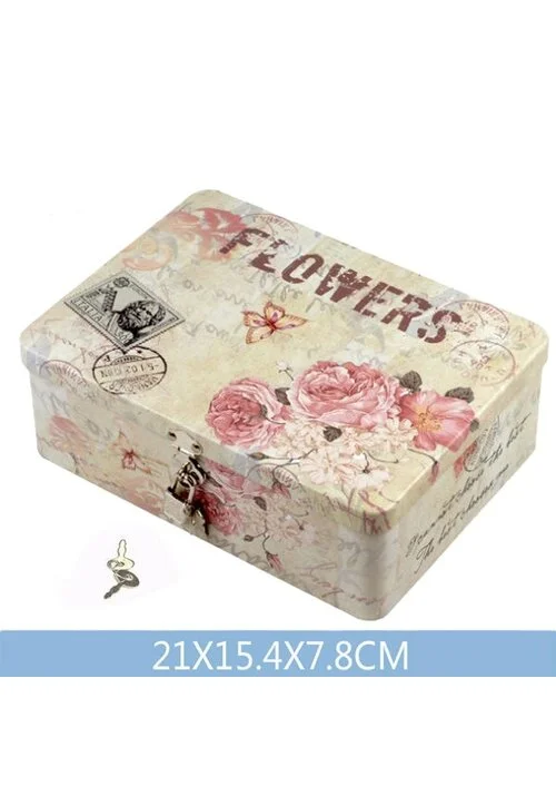 Cutie Decorativa Metalica cu lacat, Patrata, Model Flowers, 21x15.4x7.8cm