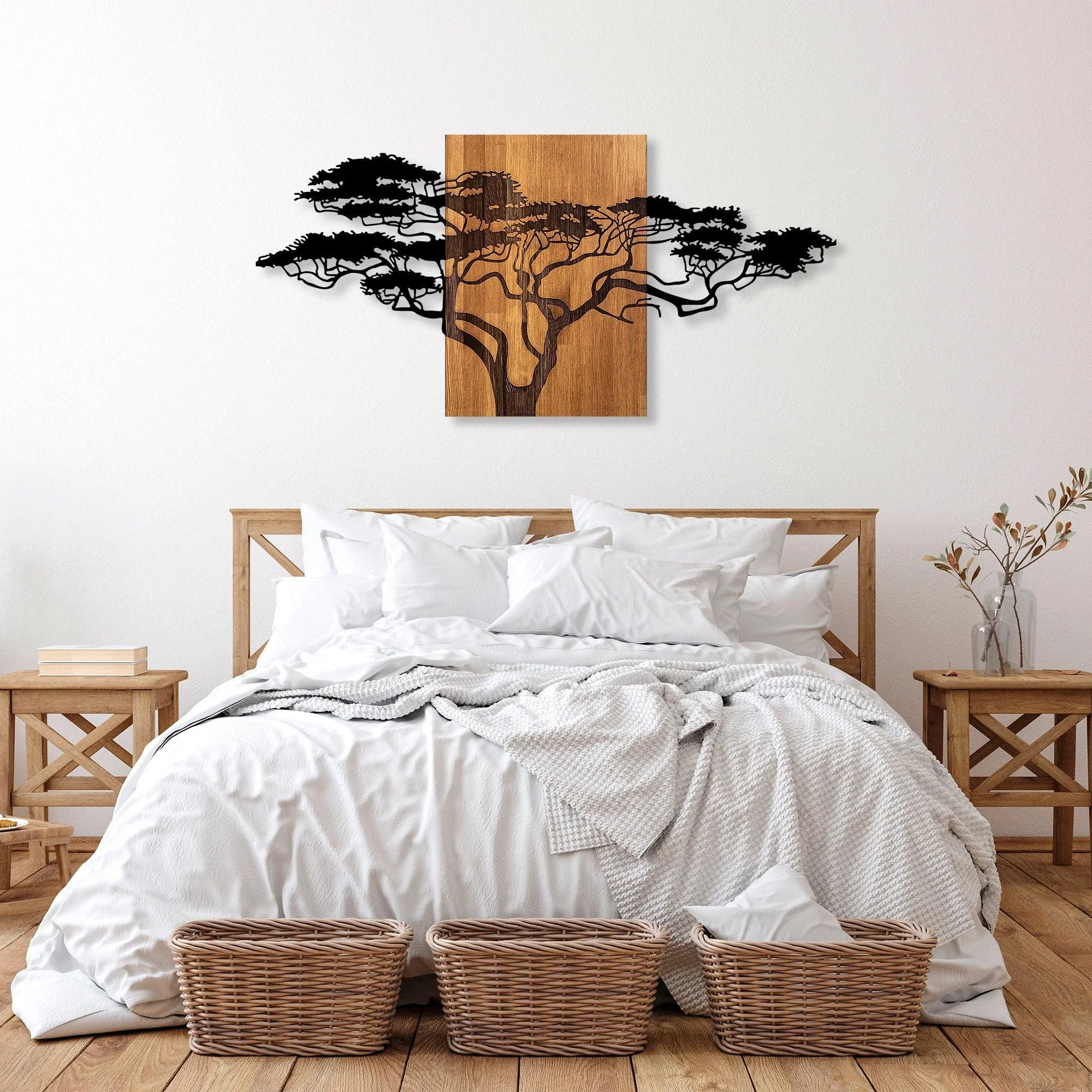 Decoratiune de perete lemn Acacia Tree - 329, Negru, 3x70x144 cm