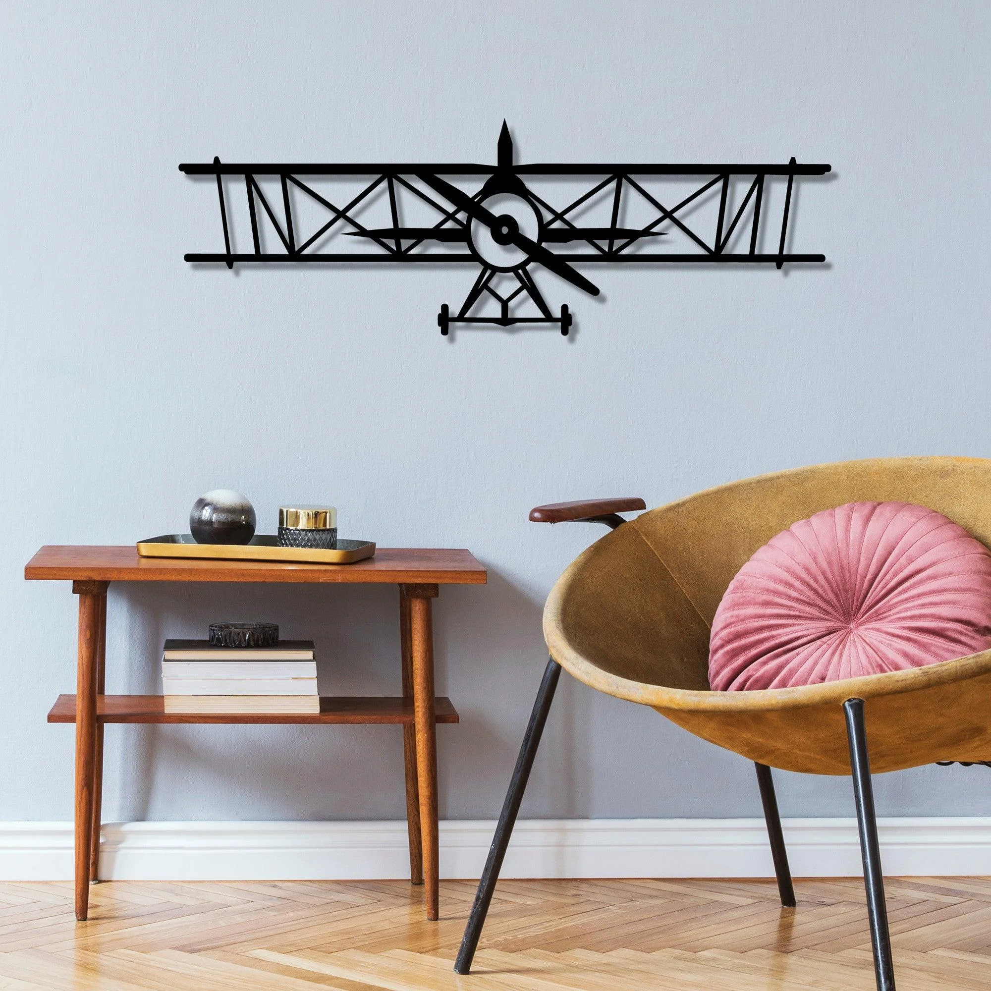 Decoratiune de perete Metal Avion, Negru, 23x70 cm