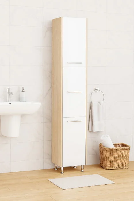 Dulap baie seria 020, 3 usi, alb + sonoma, 30x30x180 cm