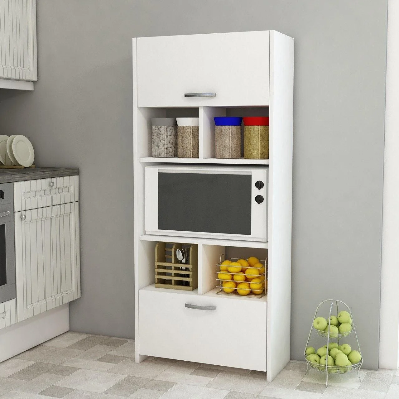 Dulap Bucatarie cu loc de Microunde si Rafturi, Alb, 65 X 180 X 35 Cm