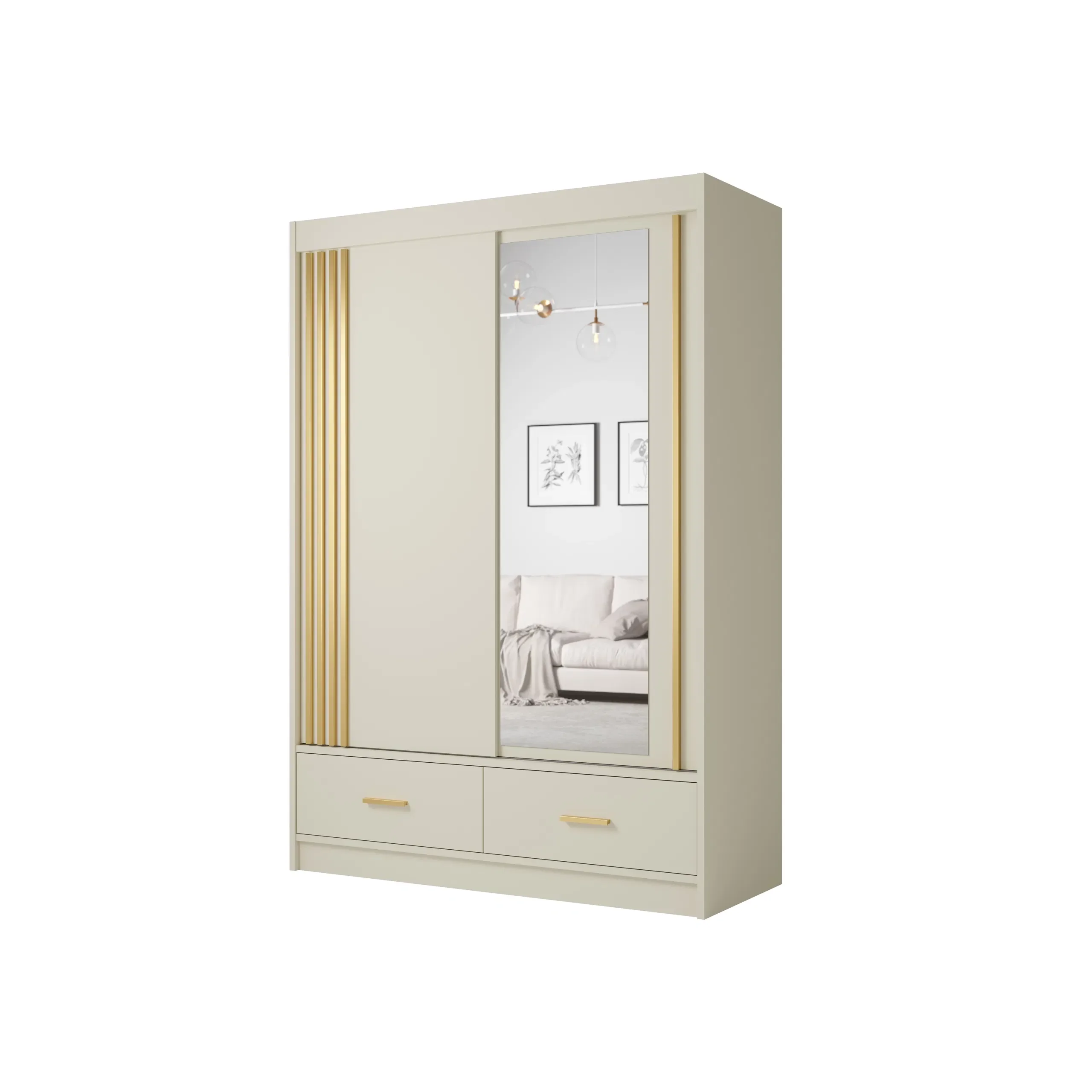 Dulap CANADA CA35-15, usi glisante, 2 sertare, 5 rafturi, bara de haine, oglinda, casmir + auriu, 150x60x215 cm