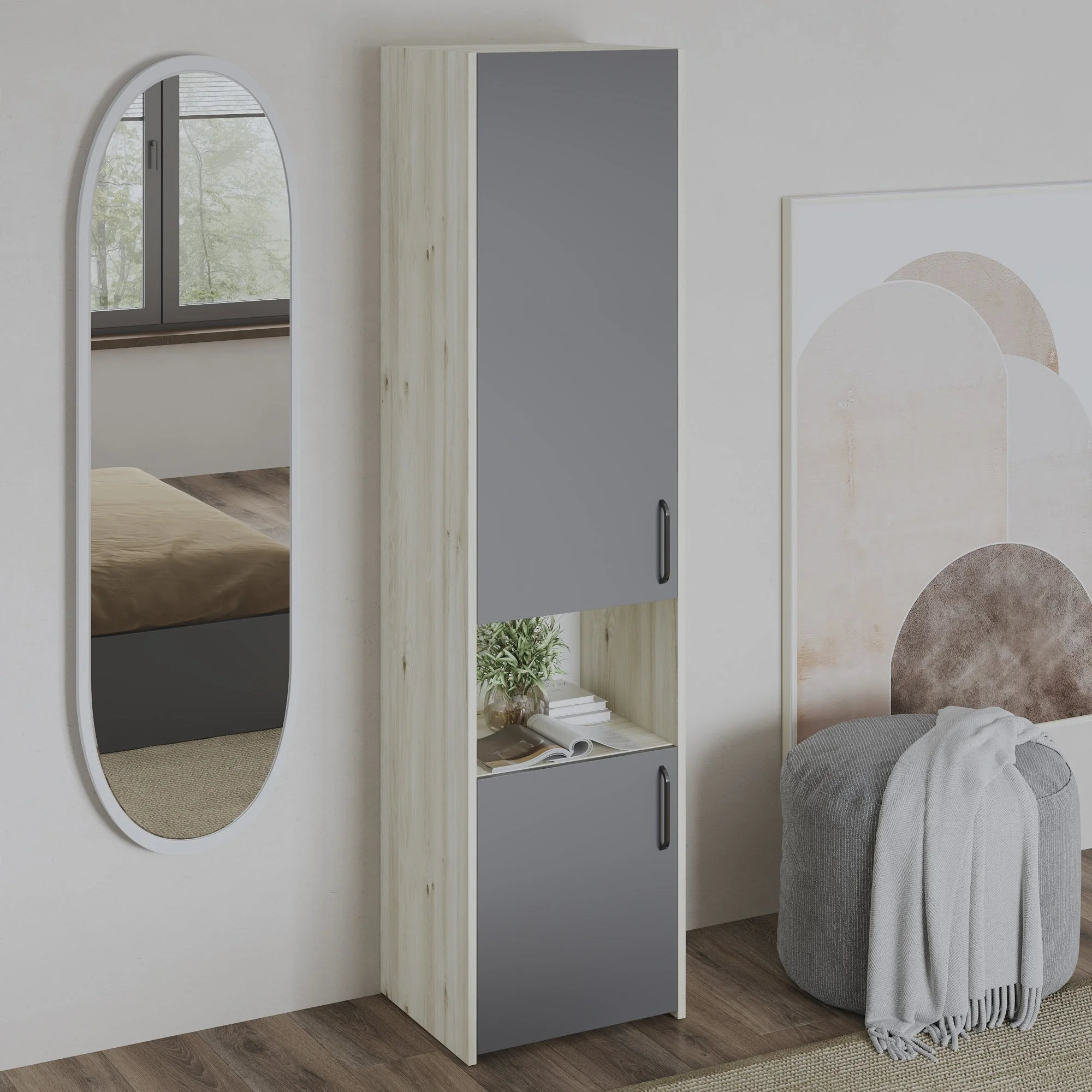 Dulap Malmo, 2 Usi, cu spatiu, Stejar Alb/Antracit, 50 x 42 x 200 cm