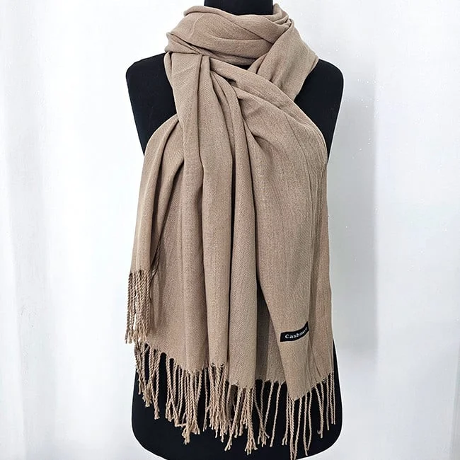 Esarfa tip sal Belladona, din material subtire, cu franjuri si emblema, Bej, 180x65 cm