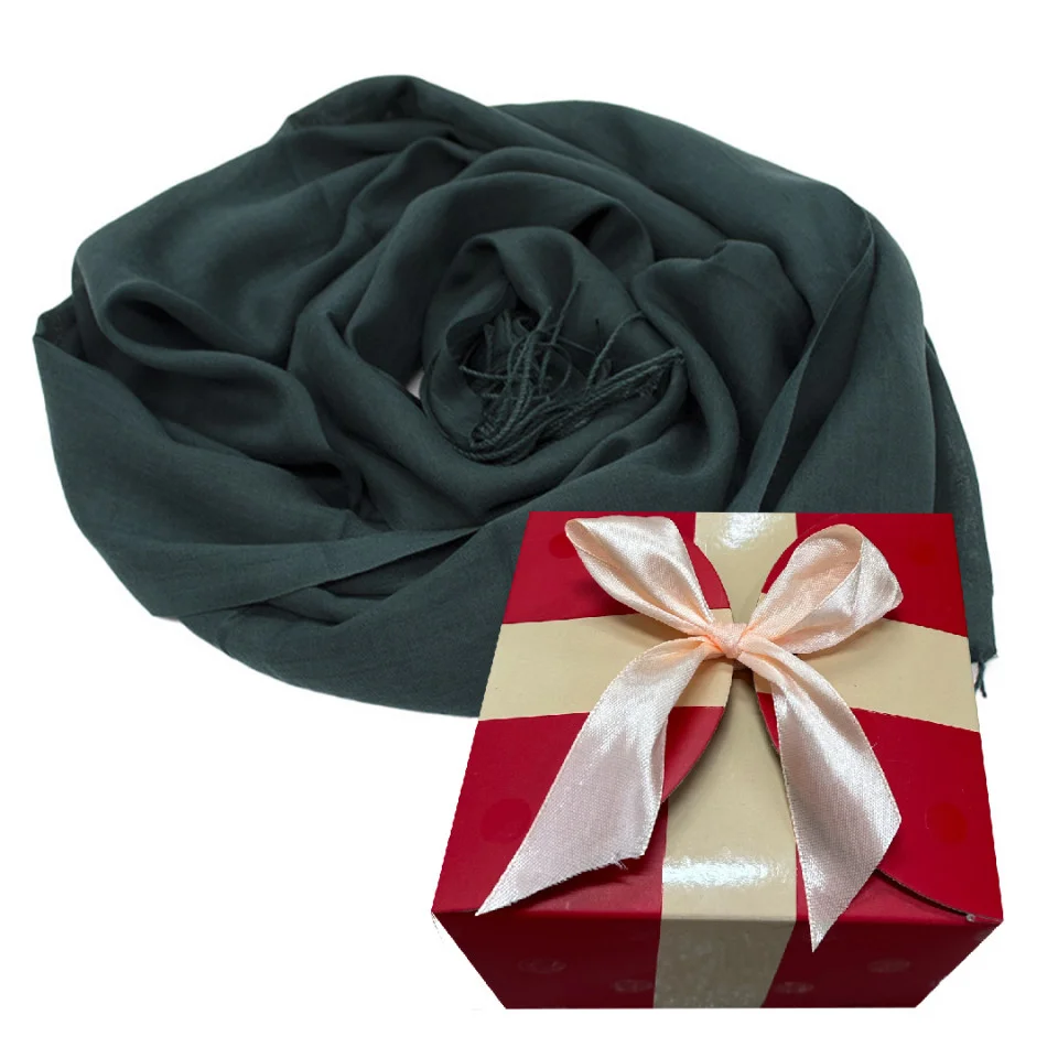 Esarfa tip sal, din material subtire cu casmir, in cutie cadou, Verde inchis, 178x72 cm