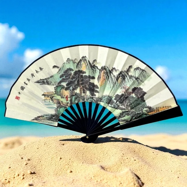 Evantai model japonez OKYOA, pliabil, cu laterale lemn, imprimat diferit fata/spate, FUJI-SAN