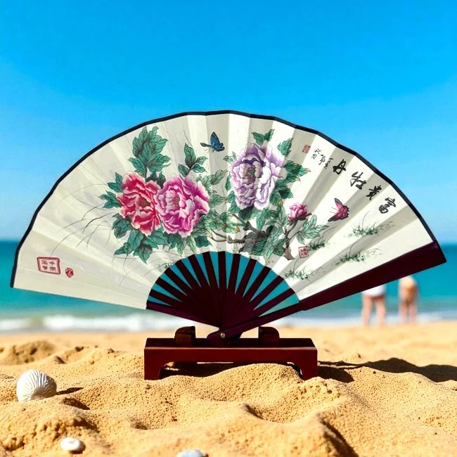 Evantai model japonez OKYOA, pliabil, cu laterale lemn, imprimat diferit fata/spate, Peonies FLY