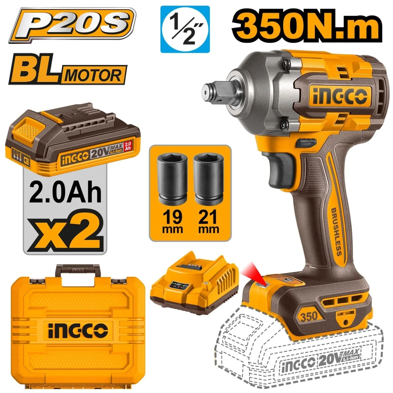 Fieletantă cu Impact 20V 1/2" Brushless, 350Nm, cu 2 Acumulatori și Valiză – INGCO CIWLI2035