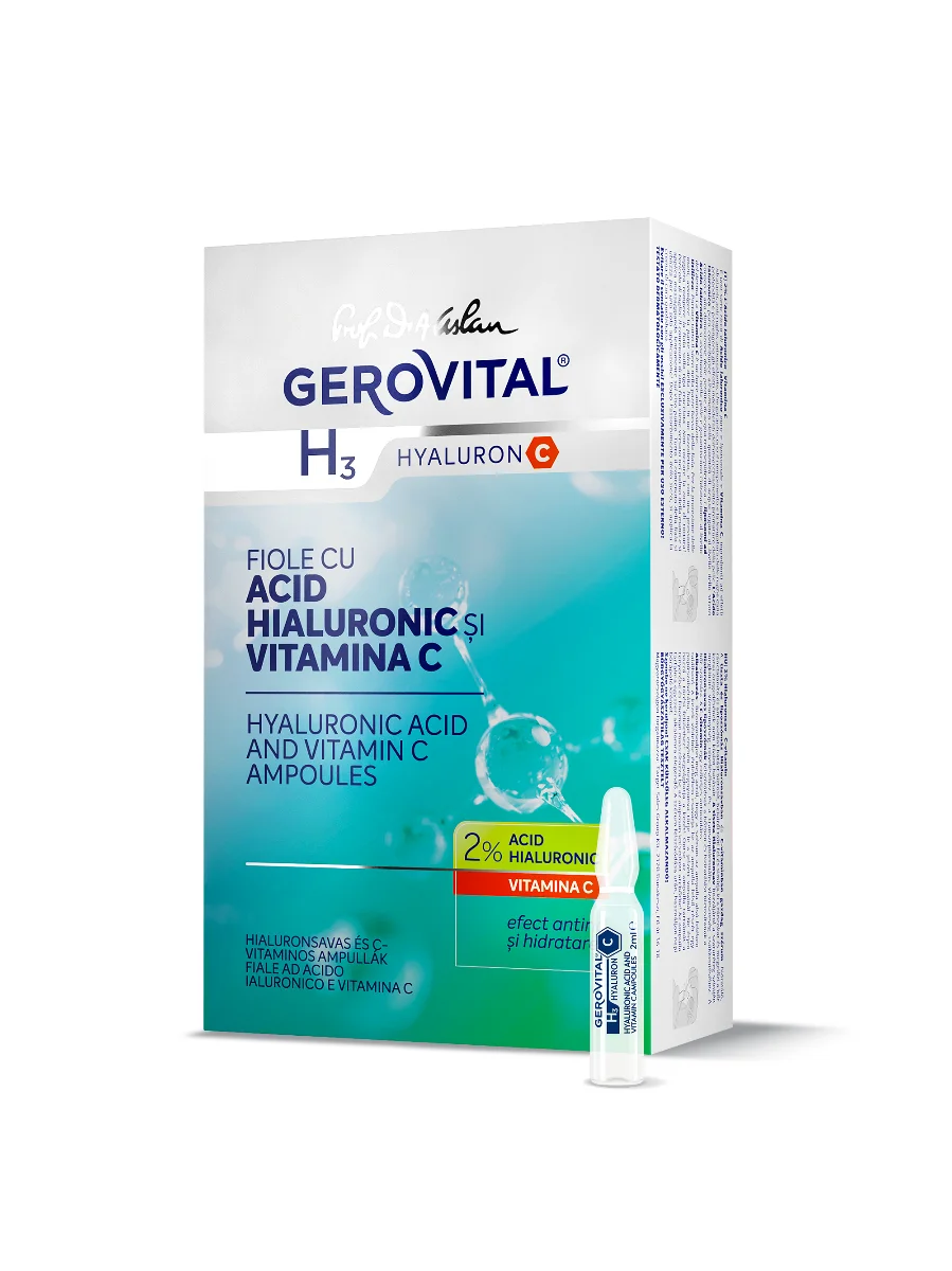Fiole Cu Acid Hialuronic 2% și Vitamina C  Hidratare, Netezire Riduri și Antimbătrnire, Gerovital H3 Hyaluron C, 10 Fiole X 2 Ml