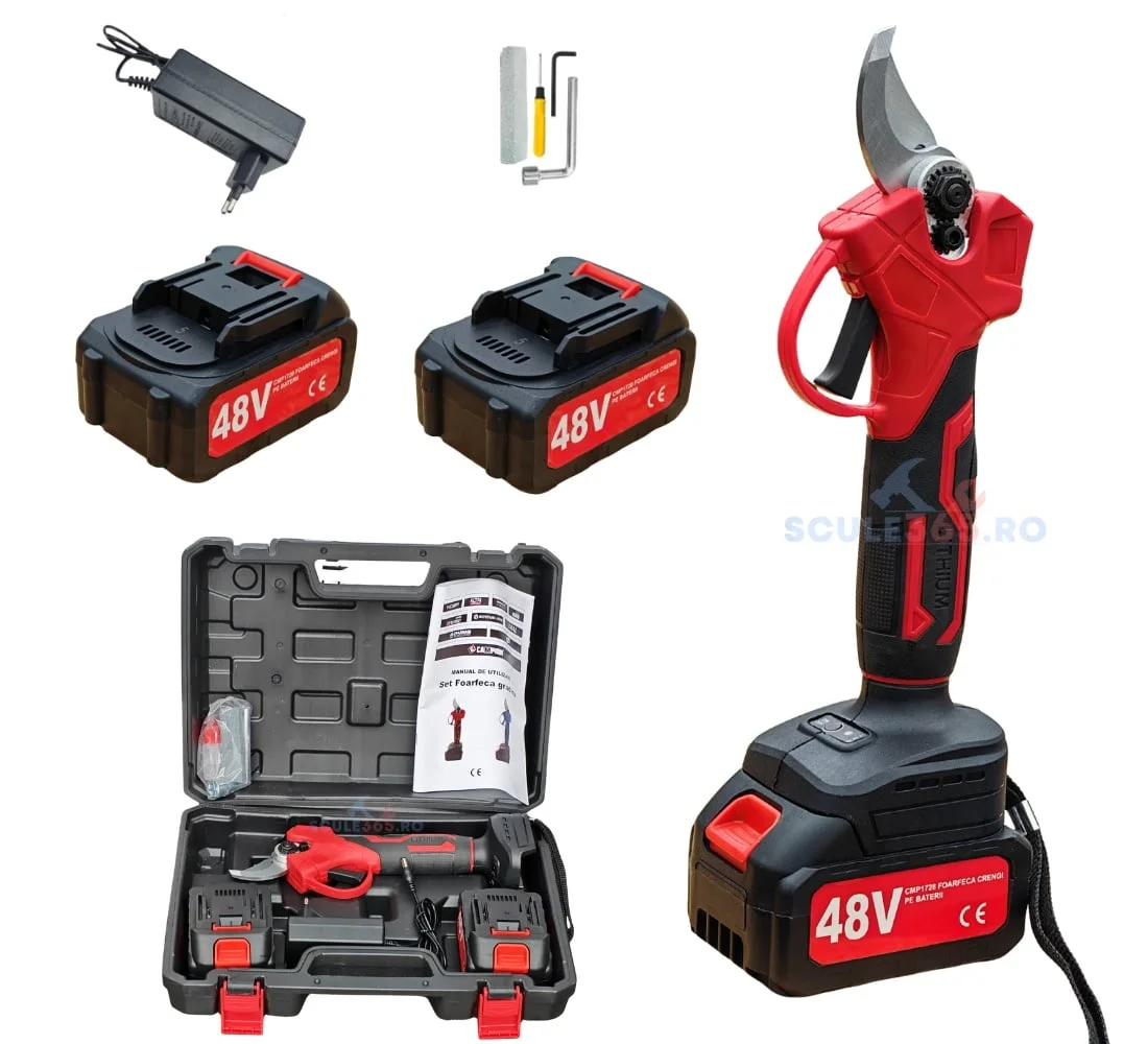 Foarfeca gradina electrica cu 2 acumulatori 48V x 8AH, pentru gradina, diametru taiere 27mm, Valiza, profesional Motoyama Japan CMP1728