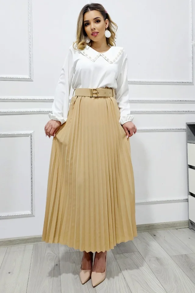 Fusta de zi plisata BELORI si curea decorativa, Bej, Marime S/M/L