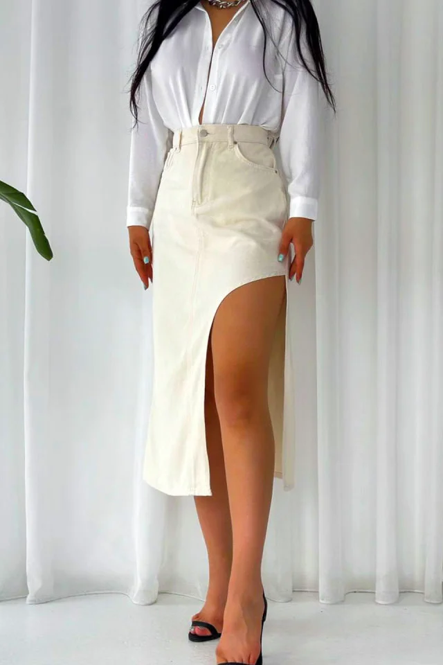 Fusta denim, Kasy, cu buzunare fata/spate si crapatura laterala, Alb unt