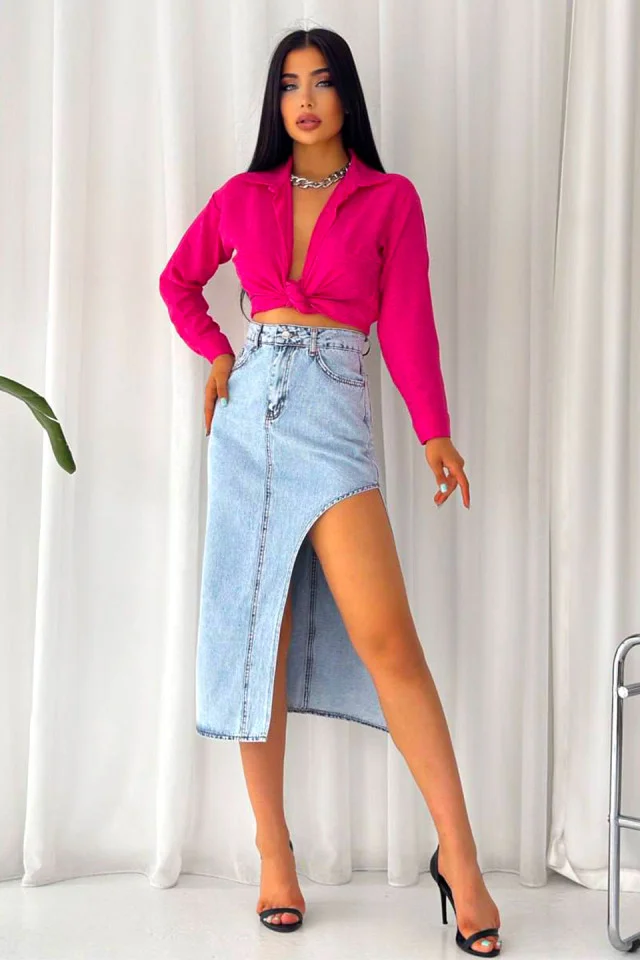 Fusta denim, Kasy, cu buzunare fata/spate si crapatura laterala, Albastru deschis