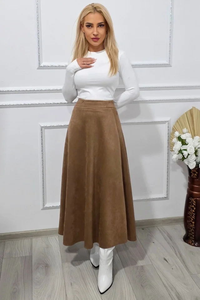 Fusta eleganta din catifea, Tiziana cu pliuri si croi lung, BEJ