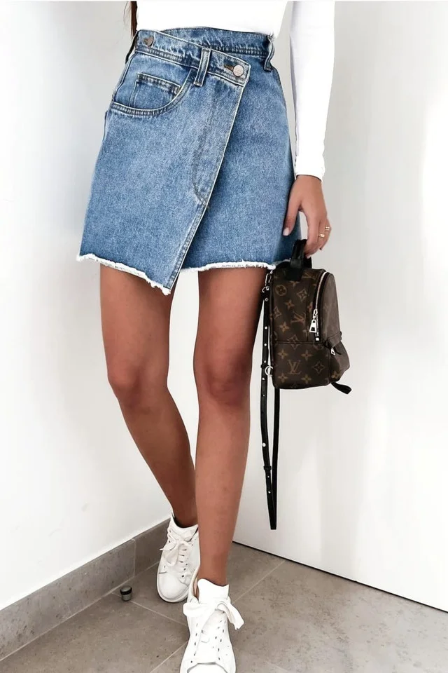 Fusta Hippy petrecuta, din denim, Albastru