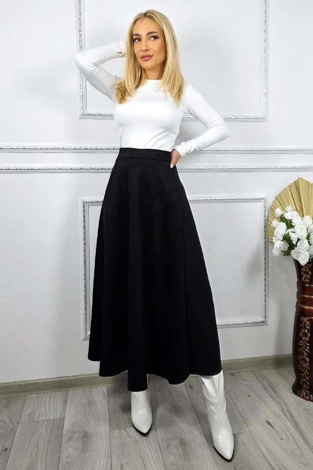 Fusta lunga catifea Tiziana, cu pliuri si croi elegant, Negru