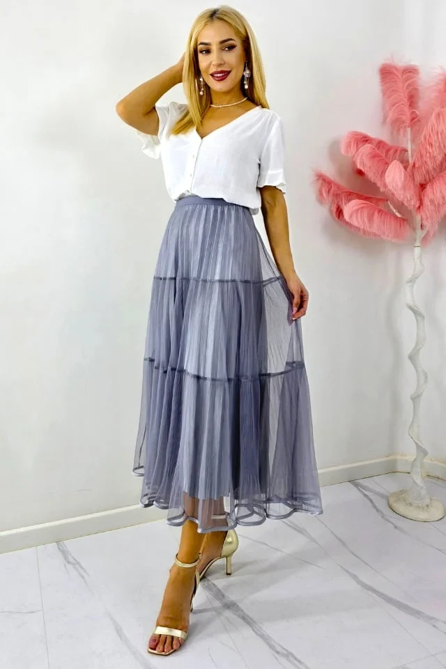 Fusta lunga cu doua fețe, LUNA, aspect plisat si tull, GRI, Marime S/M/L