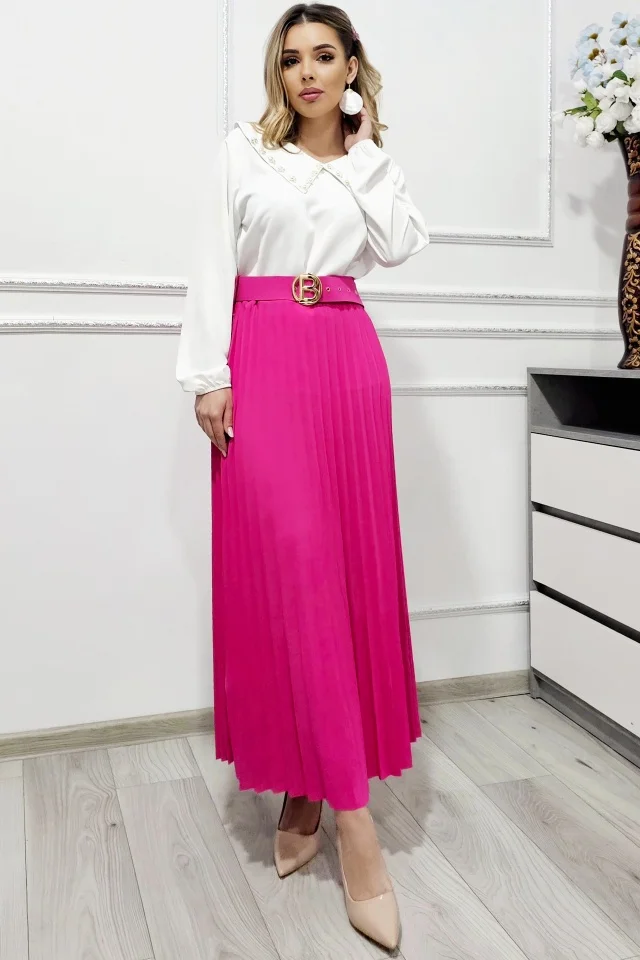 Fusta lunga plisata BELORI, cu gaici si curea decorativa, Fucsia, Marime S/M/L