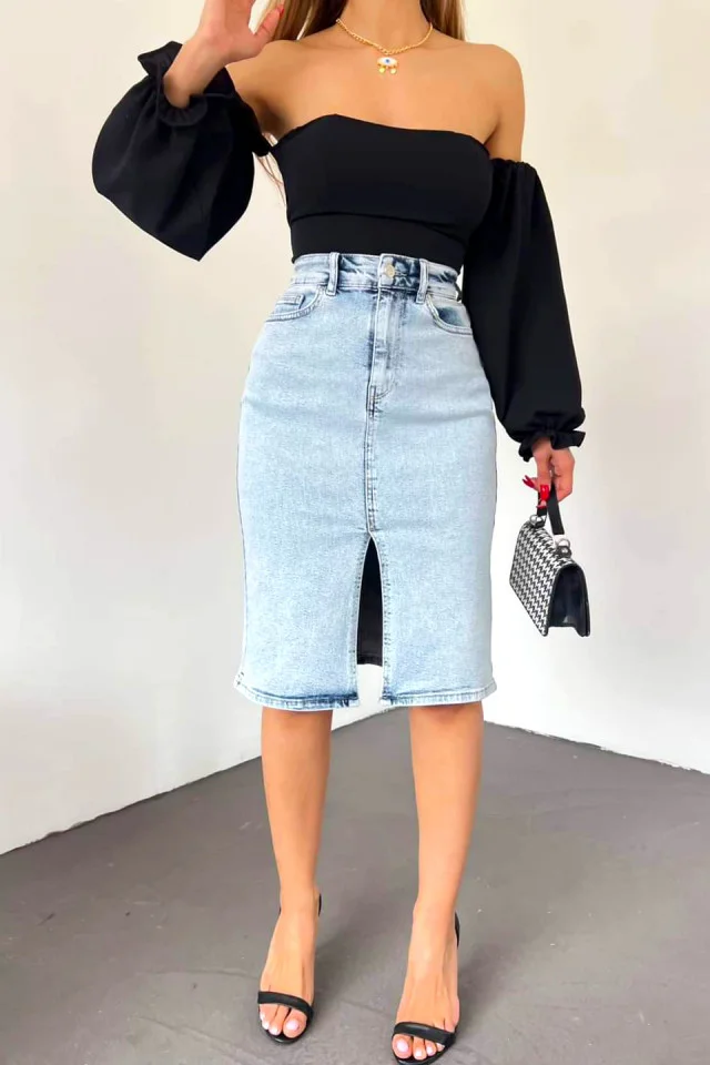 Fusta midi din denim, Tamera, cu buzunare fata/spate si crapatura frontala, Albastru deschis