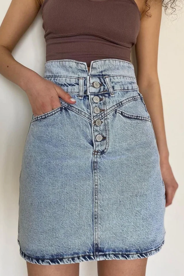 Fusta mini de blugi Amelie, cu talie inalta si inchidere cu nasturi, Albastru
