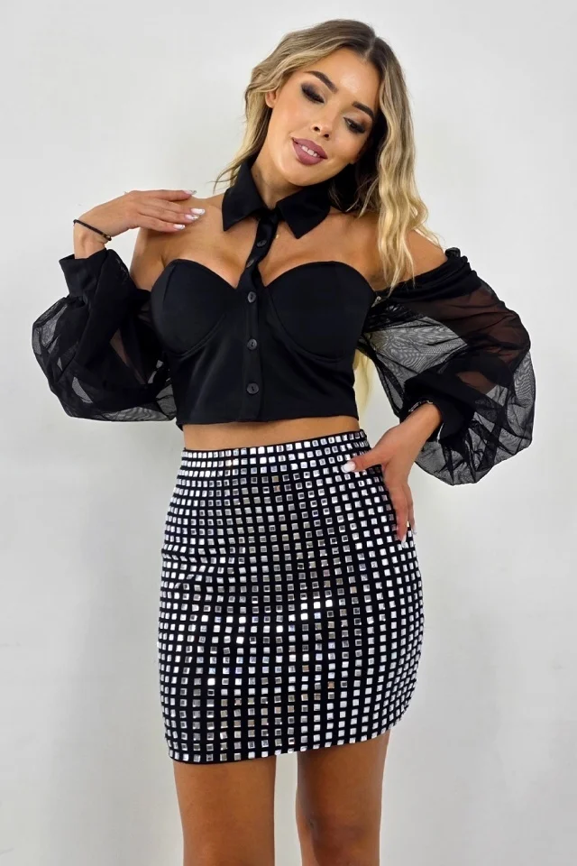 Fusta scurta eleganta cu paiete oglinzi Oriana, Negru, Marime S/M