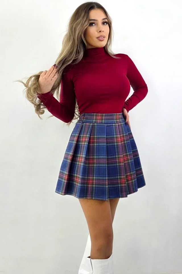 Fusta scurta plisata, in carouri, Serena, cu talie elastica, Albastru, Marime S/M/L