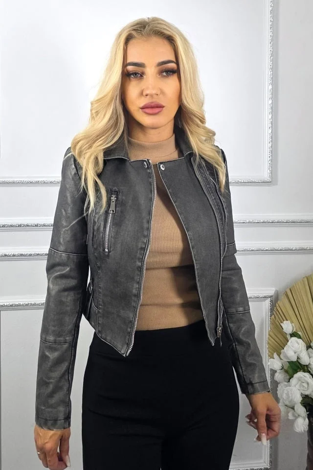 Geaca din piele ecologica VERRO, model biker cu inchidere laterala, GRI